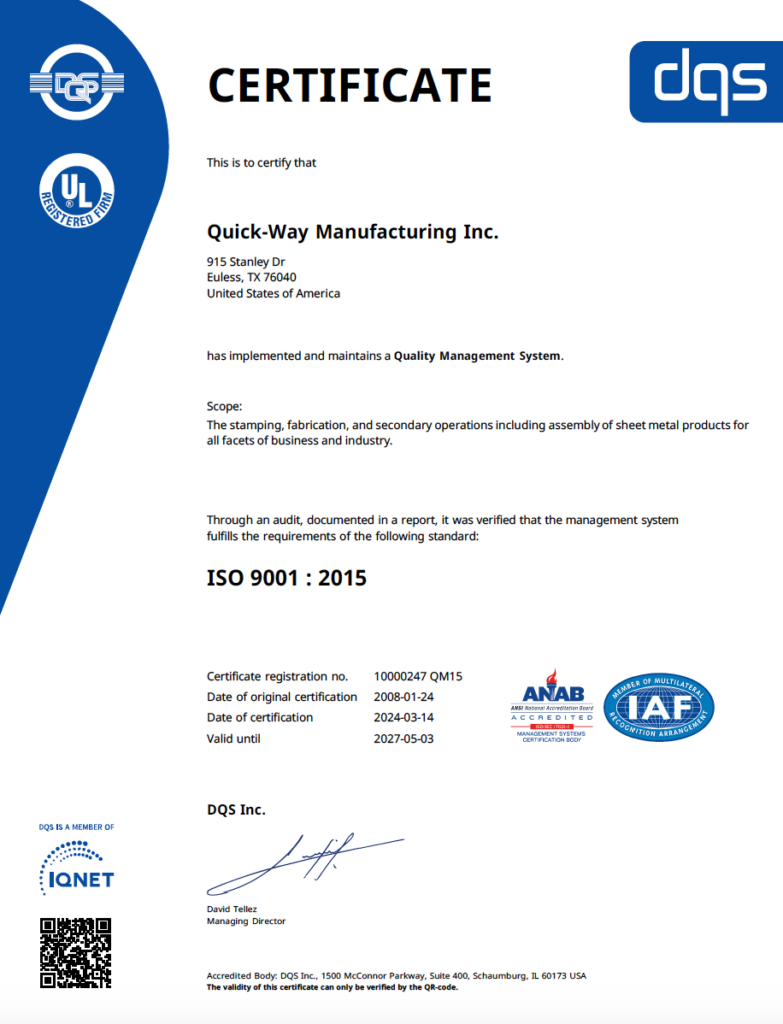 Quick-Way Manufacturing - Certificate
